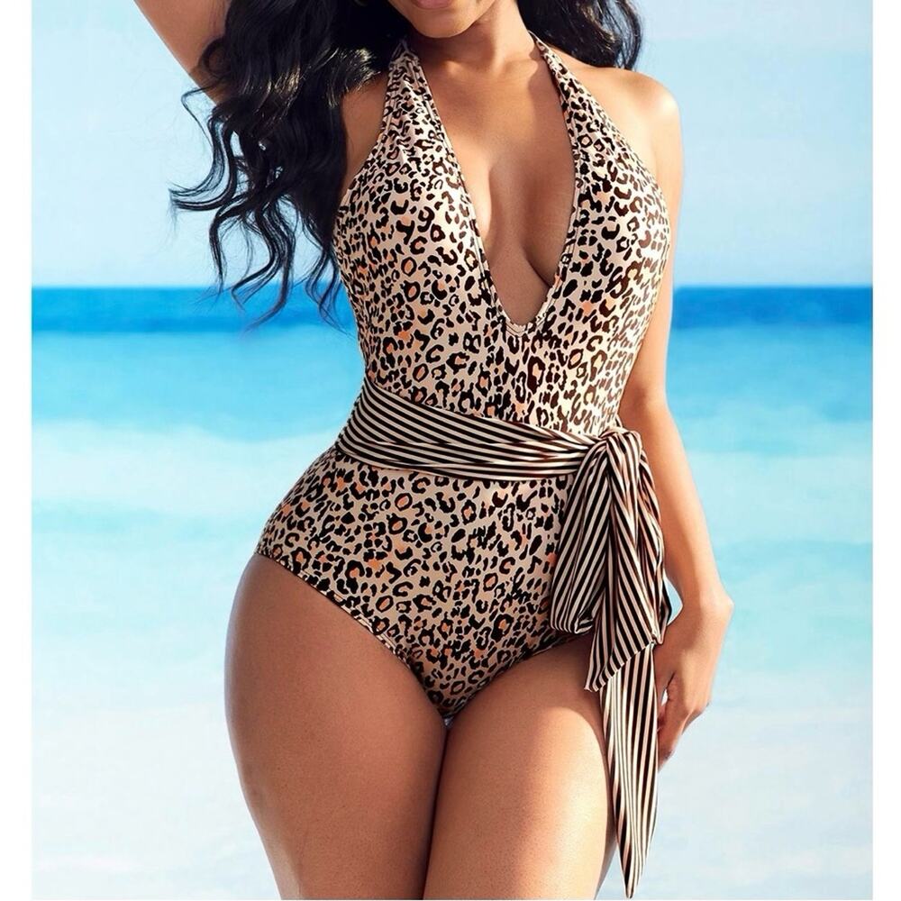 NWT Rosewe Leopard Print Halter Sash Belted One Piece Swimsuit. Size M.